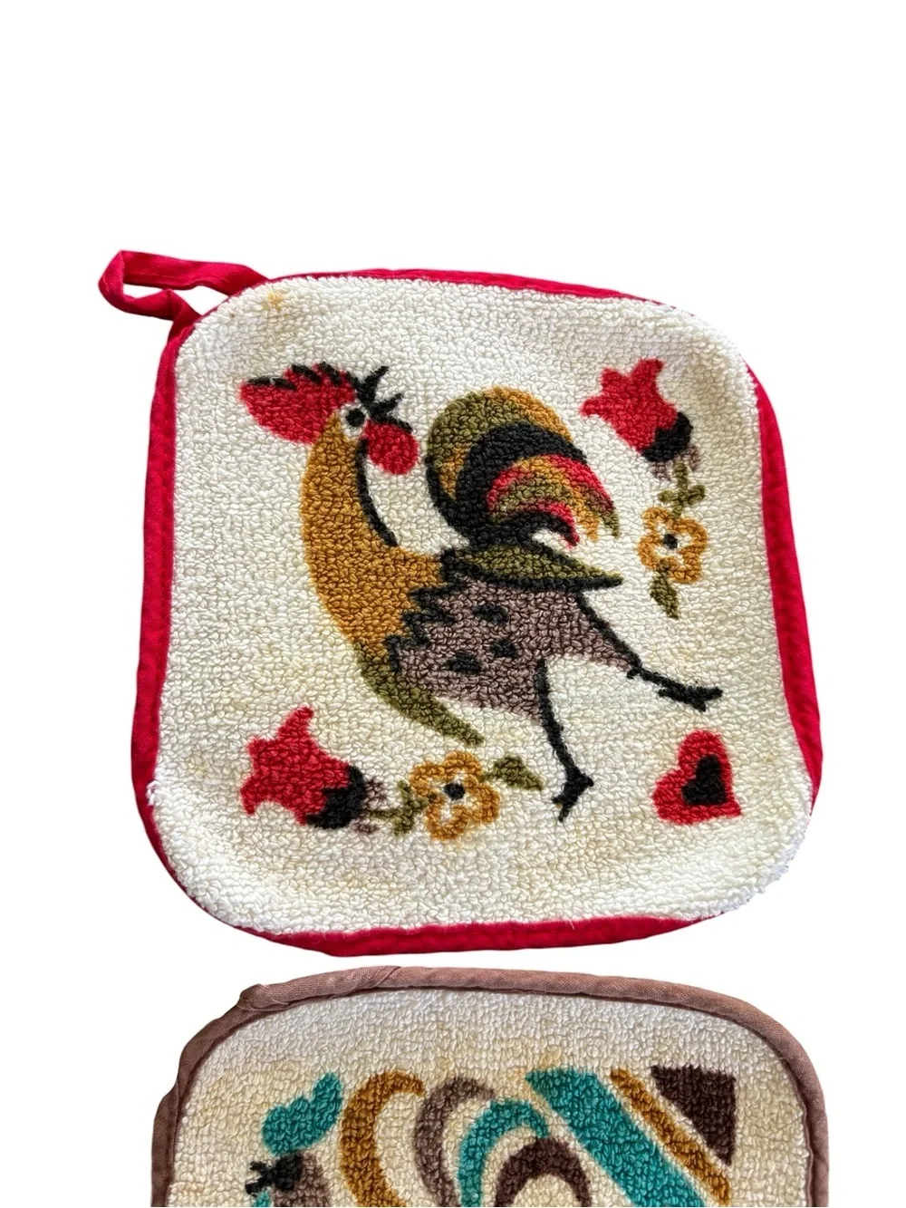 VTG Lot 2 50’s Square Rooster Hot Pads/Pot Holders Red/Teal With Hook Loop